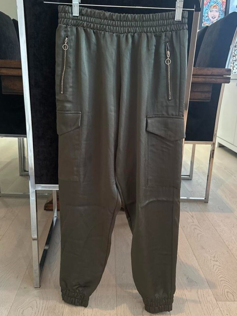Zara Olive Green Satin Cargo Pants XS Zipper Pockets